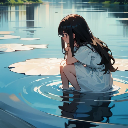 Wavy blach haired girl with tears yearning for something while sitting on clear water floor at the holden hour wearing a white dress