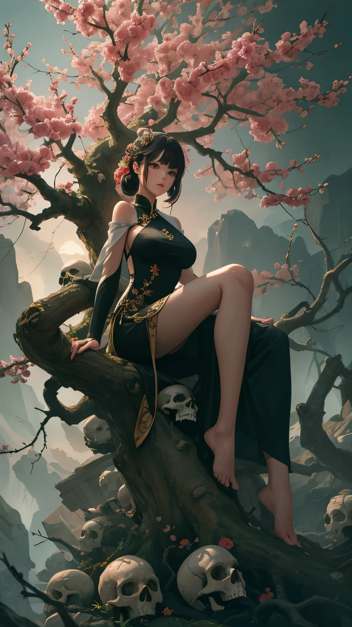 1girl,solo,full body,many skulls,branch,outdoors,china dress,night,a huge tree,sitting under a tree,, masterpiece,best quality,ultra-detailed,
