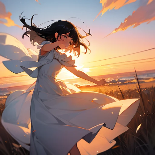 Black haired girl with white dress letting go on sunset while crying tears