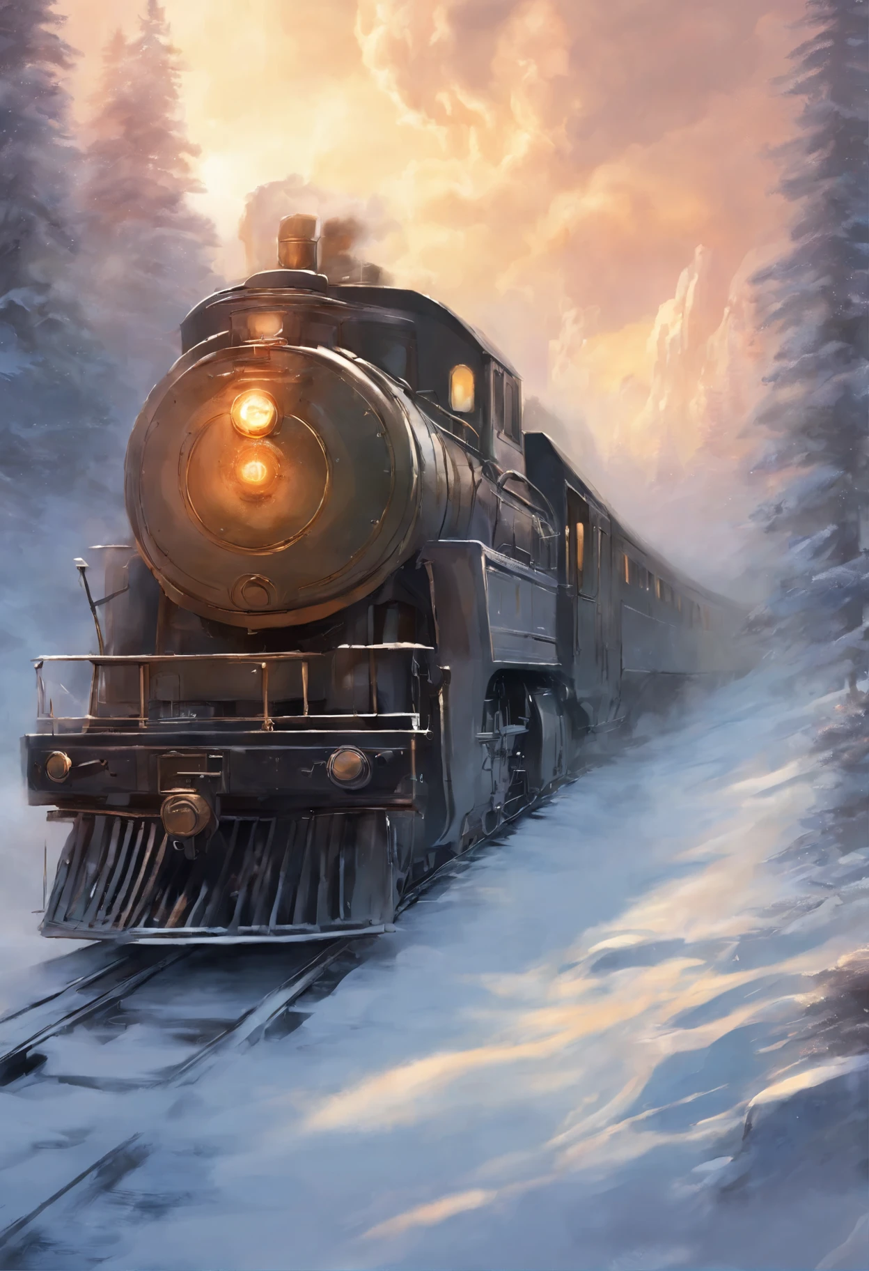 Train rushing into the snowy distance
