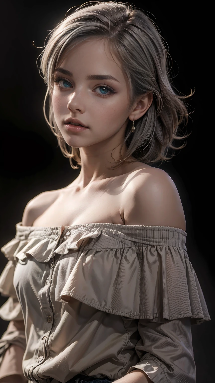 highest quality, masterpiece, ultra high resolution, (realistic: 1.4), RAW photo, 1 girl, off shoulder, cinematic lighting, kissing pose, heterochromia, gray hair, gray hair