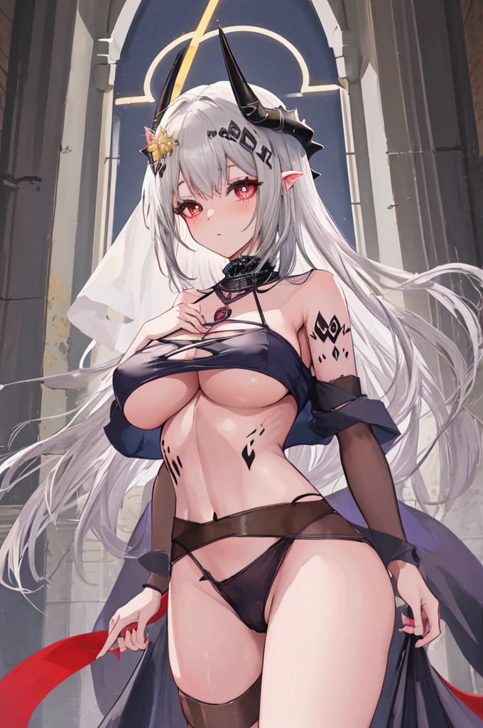 A woman with big ,Gorgeous young princess,victorian style,clavicle,Prominent and smooth underboob,golden saint,nun uniform,exquisite,crotch tattoo,succubus logo,heart in eye, heart-shaped pupils, pubic,temple,church,