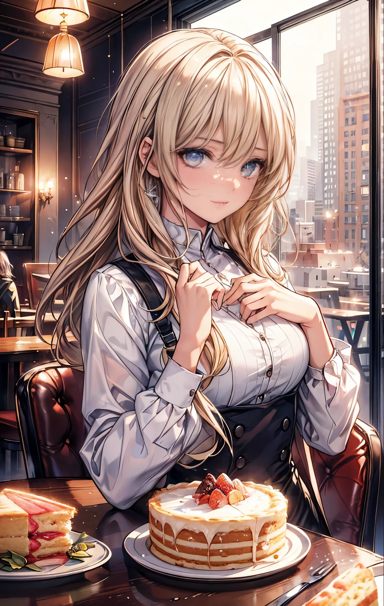 {{masterpiece}}，best quality，Highly detailed CG Unity 8K wallpaper，One woman，movie lighting，lens flare glow,
perfect style, perfect body, clear beautiful eyes, long eyelashes, Eat cake in a café,