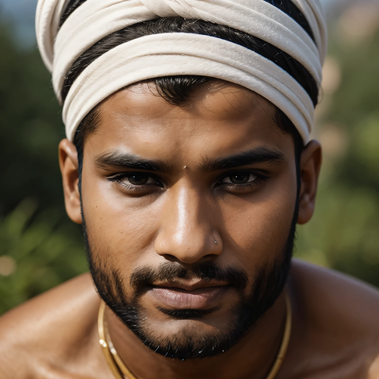 Handsome Indian man, turban, shirtless, provocative expression, high definition