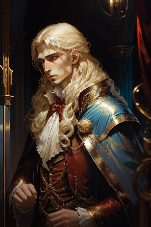 realista, Full HD, 4k, Vampire Marius from the book the vampire chronicles, has white blonde hair that rises to her shoulders and splits into small shiny curls, with iridescent blue eyes with golden eyelashes. He is quite tall and splendid, de se olhar. Na maioria das vezes, He is seen wearing rich red velvet coats, He's also an old man, com um ar sobrenatural