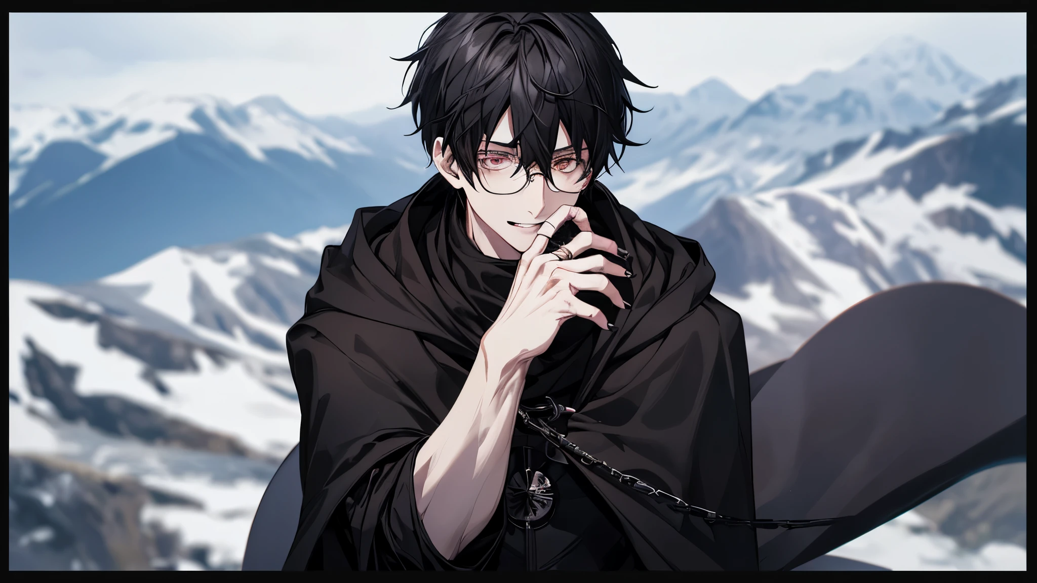 1 guy, black jeans, in a black cloak, press, Thin, pale, rings on fingers, black nails, Glasses, black hair, a little sporty, Glass eyes, cinematic lighting, Blur background, Best quality, Brown eyes, Laugh, on a high cliff in the Alps, beautiful view down,