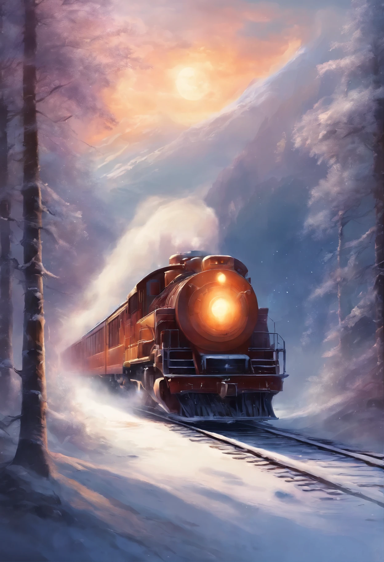 Train rushing into the snowy forest distance
