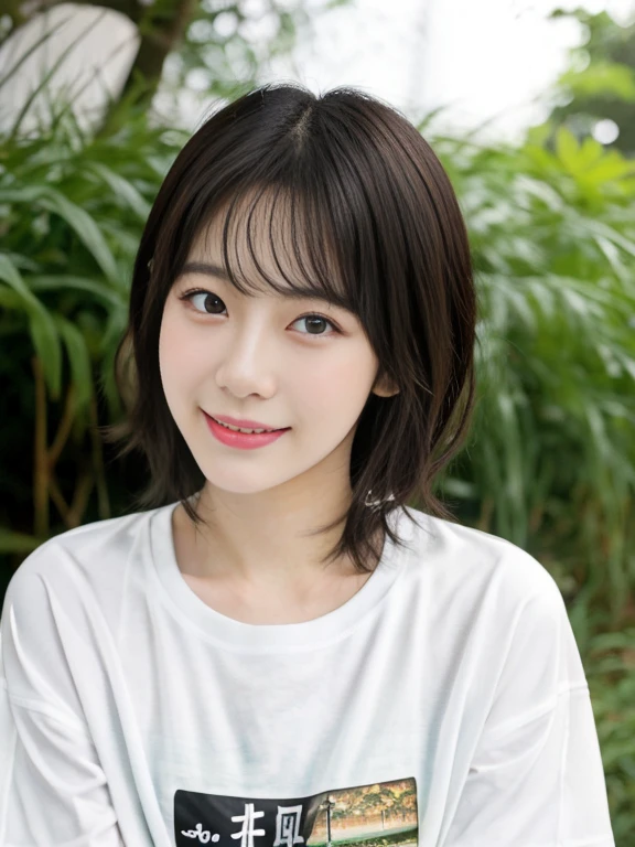 top-quality,masterpiece,Raw photography,8K,Top image quality,hight resolution, 18 years old Japanese female idol ,Beautuful Women,cute Japanese girls, Pretty Woman ,Beautiful face in every detail, aegyo sal ,small head, seductive smile ,Realistic human skin, pale skin ,cut model , Short hair, mannish, skinny body ,Sweat, big size, t-shirts