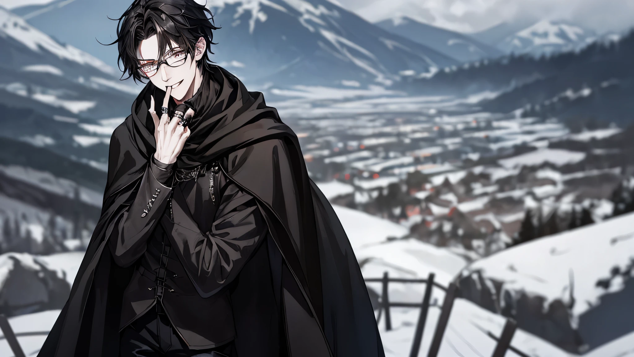 1 guy, black jeans, in a black cloak, press, Thin, pale, rings on fingers, black nails, Glasses, black hair, a little sporty, Glass eyes, cinematic lighting, Blur background, Best quality, Brown eyes, Laugh, on a high cliff in the Alps, beautiful view down,