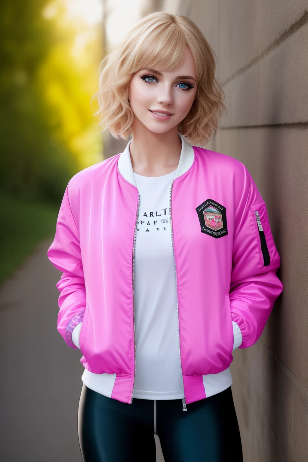 masterpiece, 8k, wallpaper, realistic, (detailed), beautiful woman, amazing body, pronounced feminine feature, blond hair, (short hair), pale skin, (has freckles), makeup, eyeshadow, eyeliner, smiling, outdoors, (wearing bomber-jacket and leggings),
