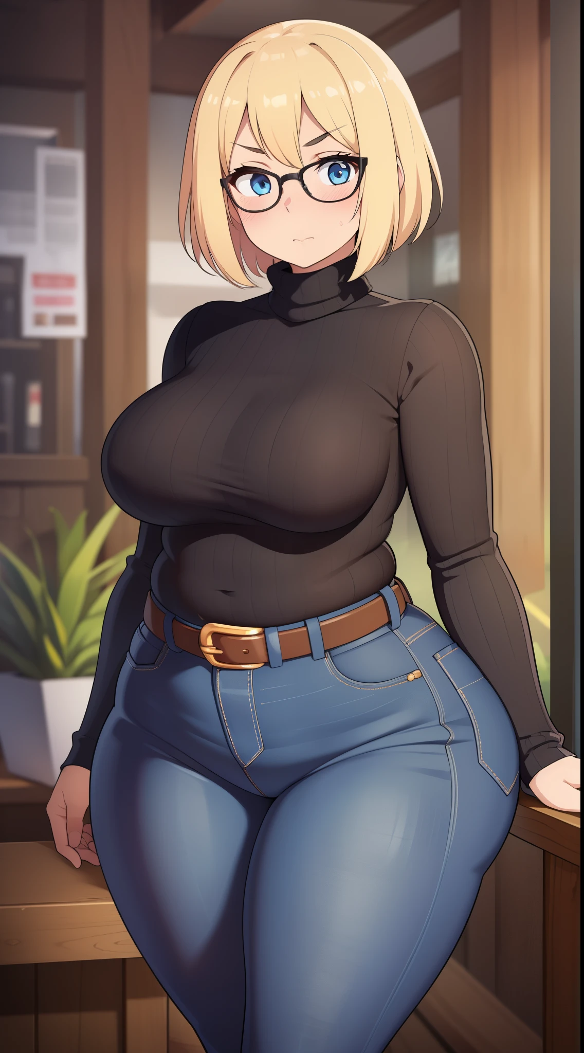 ((Masterpiece)), perfect anatomy, perfect shading, field of depth, (best quality), extremely delicate and beautiful, perfect lighting, detailed face, ultra cute face, cute, (cowboy shot 1.2), full body, (((1girl))), ((solo)), looking at viewer,

short hair, fluffy hair, blonde hair, blue eyes, Glasses, ((Blush)), shy, embarrassed, (black turtleneck sweater 1.5), (jeans 1.2), belt, extremely tight clothes, medium breasts, ((wide hips)), ((thick thighs)), ((plump)), 

coffee shop, intricate background, detailed background,