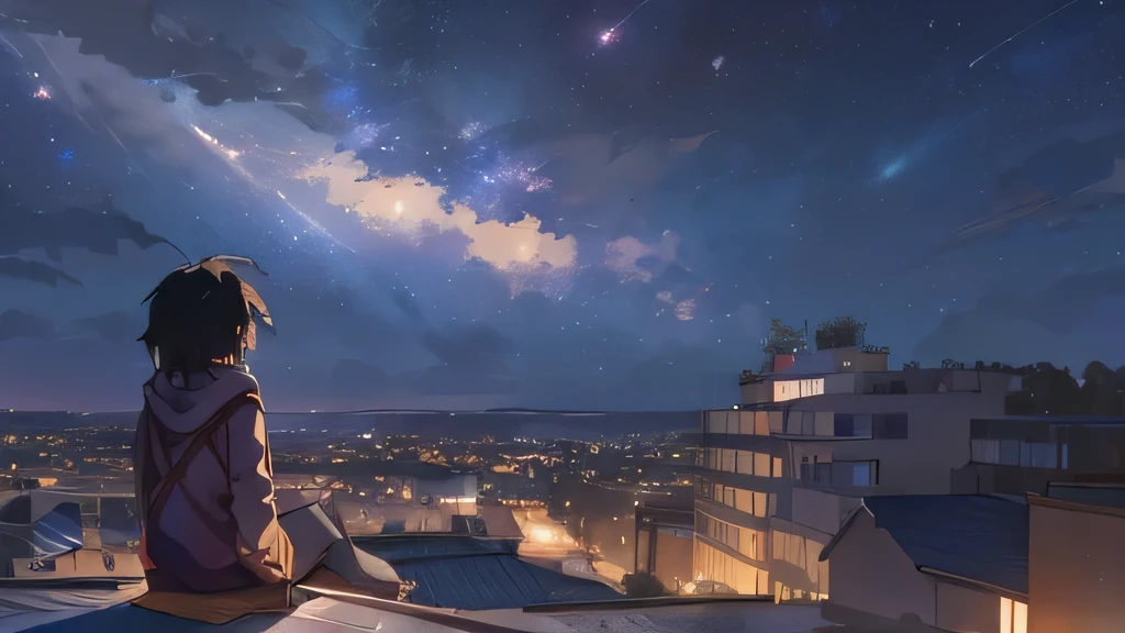 starry night sky with a girl sitting on a roof looking at the city, cosmic skies. by makoto shinkai, girl sitting on a rooftop, inspired by Alena Aenami, inspired by Makoto Shinkai, octane render. by makoto shinkai, makoto shinkai. octane render, girl looks at the space, looking at the sky