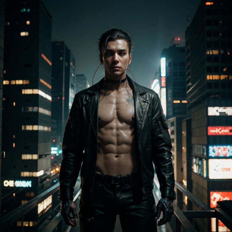 A person with mechanized body parts in the cyberpunk style stands out. His transparent skin reveals circuits and cables, while his eyes glow with colored LEDs. The limbs are a mixture of flesh and metal, with advanced prosthetics and cybernetic interfaces. Wearing a black leather jacket, the figure is set in a dystopian urban setting with decaying skyscrapers. The image represents the fusion between the human and the mechanical in the futuristic world of cyberpunk