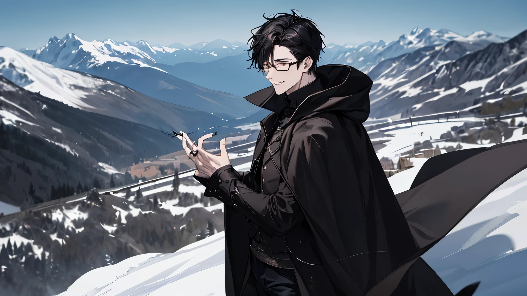 1 guy, black jeans, in a black cloak, press, Thin, pale, rings on fingers, black nails, Glasses, black hair, a little sporty, Glass eyes, cinematic lighting, Blur background, Best quality, Brown eyes, Laugh, on a high cliff in the Alps, beautiful view down, archer,
