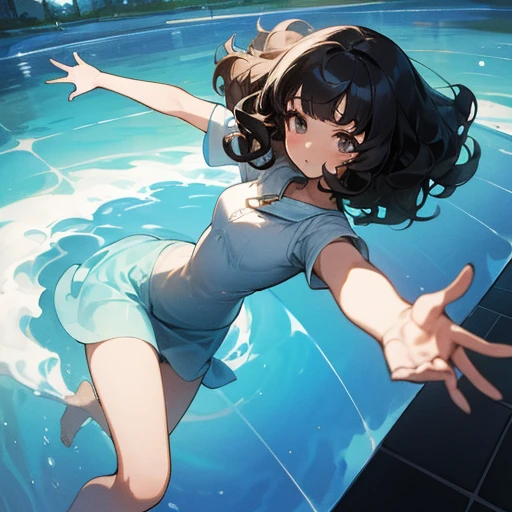 Black curly haired girl with short wavy bangs laying on a floor with clear water while raising an arm for the sky