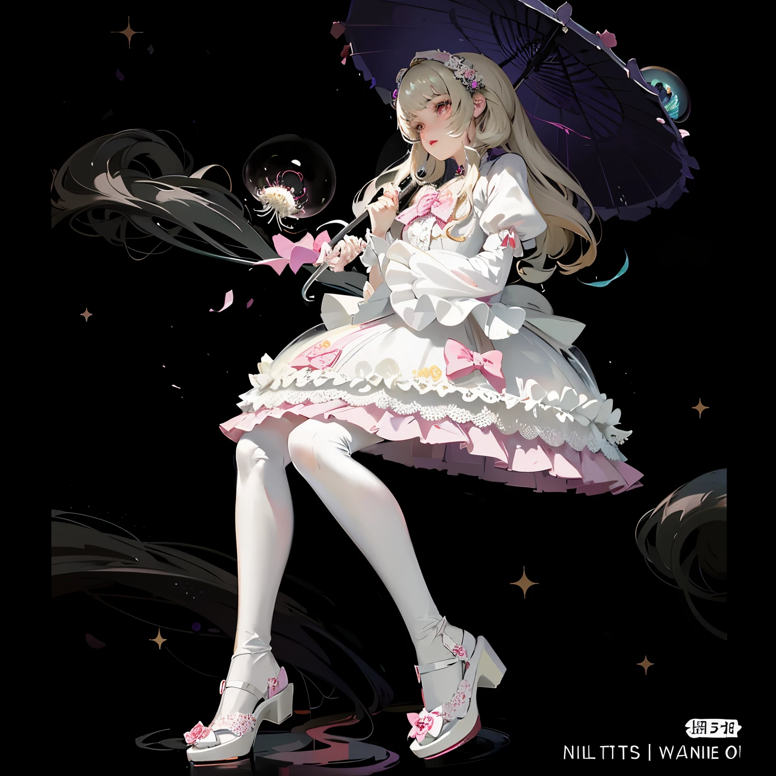 wearing white dress、Araf girl holding flowers and pink umbrella, anime barbie white stockings, Jellyfish Miko, ball jointed doll, Pale young ghost girl, Belle Defin, anime barbie white, jellyfish priestess, fairy tale core, wearing clothes, Portrait of a magical Lolita girl, lolita style, lolita fashion, pale porcelain skin