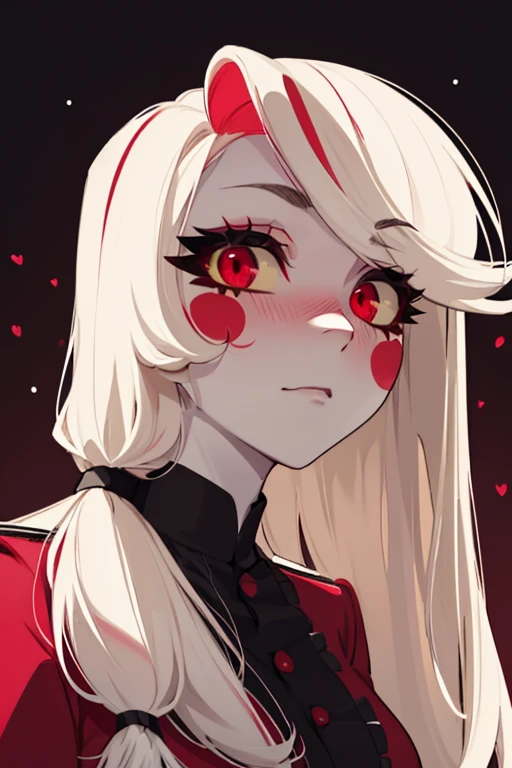 Charlie, RedSuit, (white skin, pure white skin), red eyes, black nails, long hair, (blush stickers:1.2), yellow sclera, (masterpiece:1.2),(closeup-shot:1.2), dark romantic lighting, (highly detailed:1.2), (detailed face:1.2), (full-body shot:1.2), (gradients), colorful, detailed eyes, (natural lighting:1.2), (solo:1.2), 