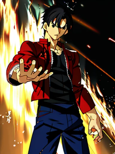 takeuchi takashi, Gohan, highest quality digital art, Stunning art, wallpaper 4k,8k,64k, HD, unparalleled masterpiece, cinematic, epic, bsfrm, 1boy, black hair, black eyes, t-shirt, (Extremely beautiful face, Beautiful lips, Beautiful eyes), (cowboy shot:1.4), jacket, dynamic lighting, line sketch