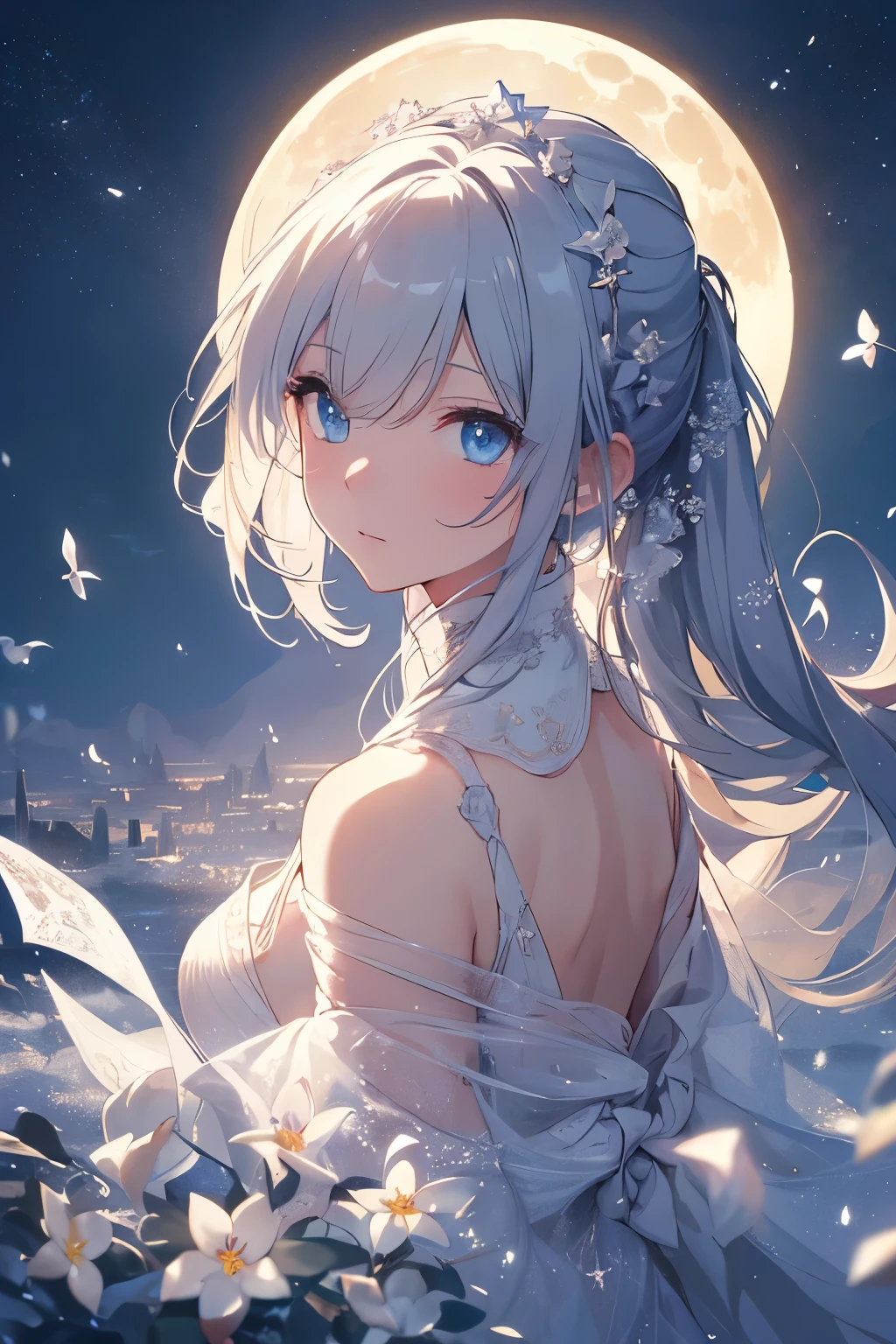 Masterpiece, (Best Quality: 1.2), (Super Fine: 1.2), Illustration, (Extremely Delicate and Beautiful: 1.2), Film Angle, Floating, (Beautiful Detail Eye: 1.1), (Detail Light: 1.1), Film Lights, Delicate Sky, Woman, White Hair, Blue Eyes, (High Ponytail: 1.1), Cloak, Glowing Eyes, (Moon: 1.2), (Moonlight: 1.1), Starry Sky, (Light Particles: 1.1), Fog , snow painting, sketching, blooming