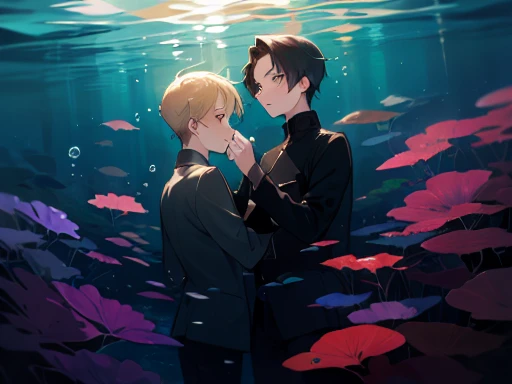 2 boys, (like a dream, a vibrant one), (detailed, Be expressive), Two people are underwater, swimming, boys are 14 years old, blond hair boy and black hair boy, elegant, friends, dark underwater, at night, Serious mood, Distant view, clear eyes