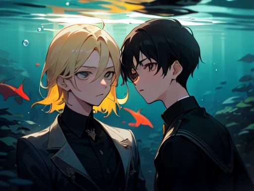 2 boys, (like a dream, a vibrant one), (detailed, Be expressive), Two people are underwater, swimming, boys are 14 years old, blond hair boy and black hair boy, elegant, friends, dark underwater, at night, Serious mood, Distant view, clear eyes