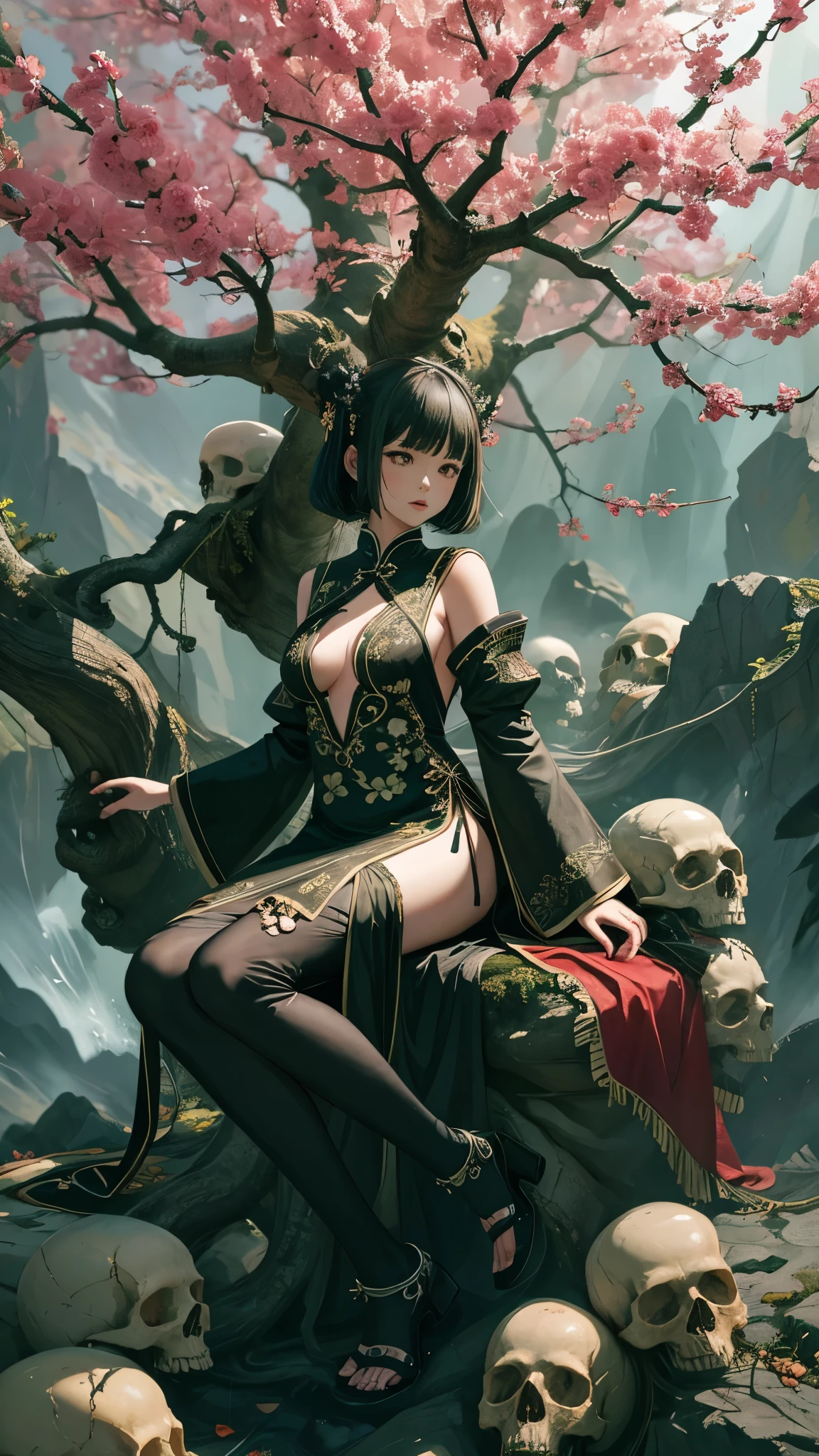 1girl,solo,full body,many skulls,branch,outdoors,china dress,night,a huge tree,sitting under a tree,, masterpiece,best quality,ultra-detailed,
