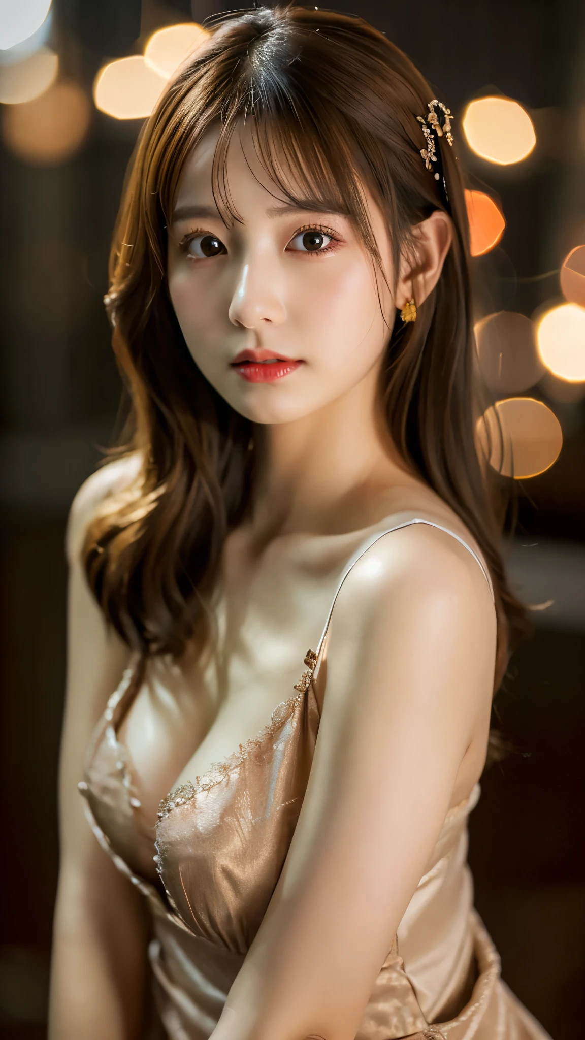 best quality ,masterpiece,ultra high res, very beautiful, kawaii, (photo realistic:1.4), 1girl, Japanese, brown hair, cleavage, Cinematic, 35mm lens, f/ 1. 8, accent lighting, 8k, china dress
