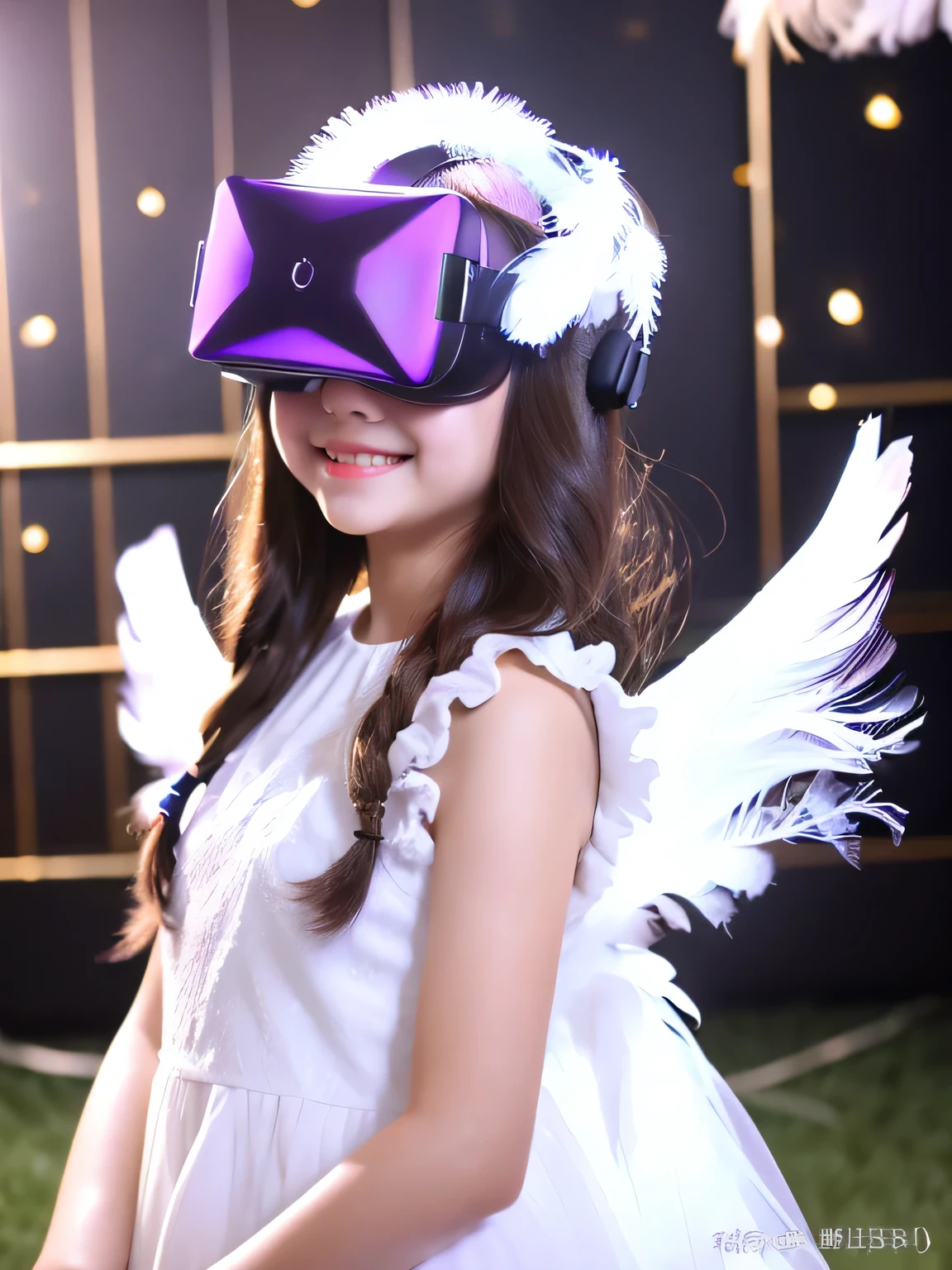 最高品質、フォトリアル、8K、VRゴーグルをかぶった女の子、dressed liKe an angel、There are white feathers on the bacK、no bacKground、