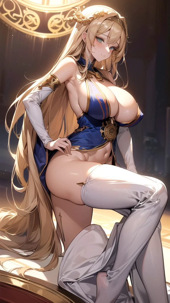 ((masterpiece, best quality, extremely detailed, absurdres)), ((high resolution)) ,((8k)), a beautiful woman, ((She is one of the most female high Priestess.)), unparalleled beauty, ((large breasts:1.6)), ((large ass:1.2)), ((deep cleavage:1.3)), slim waist, chest out, ((ultra detailed face)), perfect skin, ((((waist length hair, blonde straight hair)))), green eyes, whole body image, sexy, an inviting smile, (((anime))), ((glamorous)), sexual attraction ,25 years old, ((incredibly beautiful woman)), ((((provocative)))), ((The I cup bust)), ((((sexy pose)))), ((neat and clean.)), ((((High Priestess))), ((magic light)), Secret meeting, ((((no wear a hat, no wear a cap)))), ((((no head accessory)))), anime, tolerance,