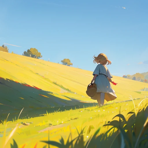 Strawberry Blonde Girl walking a grassy field on a sunny day with the clear sky