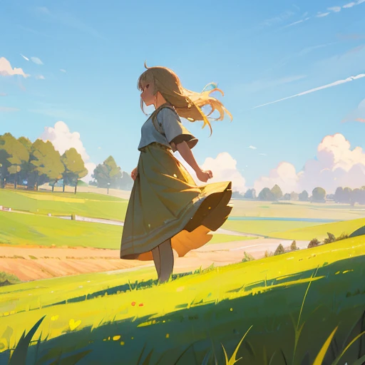 Strawberry Blonde Girl walking a grassy field on a sunny day with the clear sky