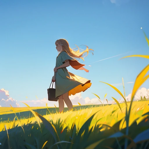 Strawberry Blonde Girl walking a grassy field on a sunny day with the clear sky