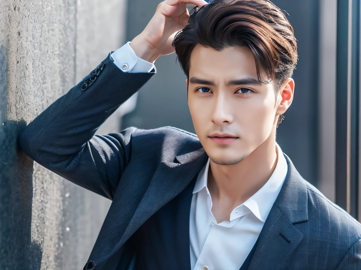 highest quality、８K、Photoreal、fine eyes、detailed face、whole body、male、suit、looK at your hands、office、