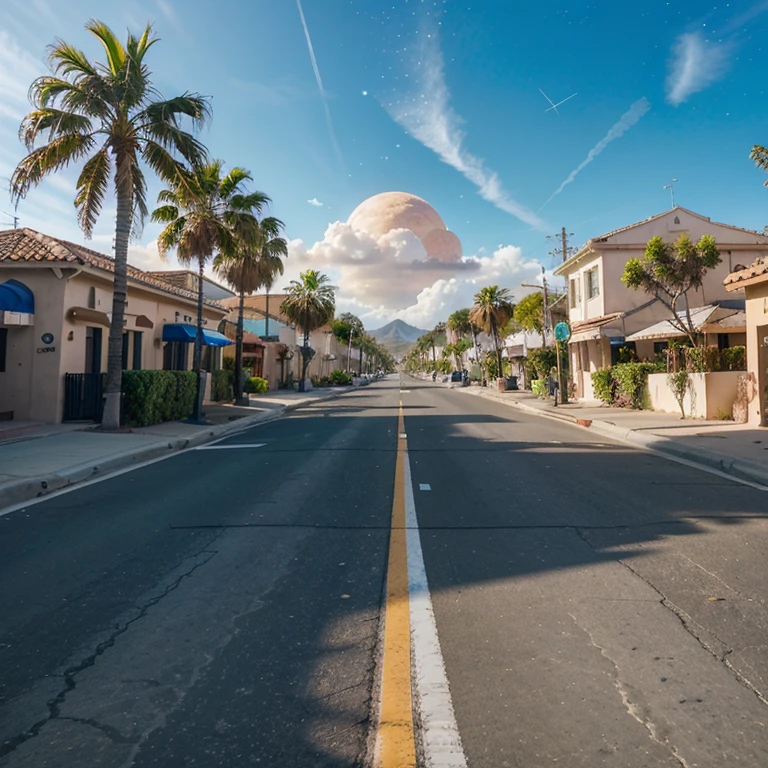 Typical street in Los Angeles on a paradise island that has space in the background with a huge planet and several stars, en 4k, ultra realista