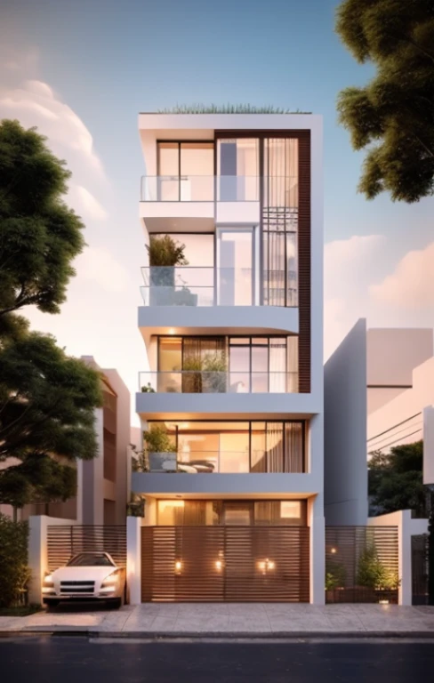 Realistic images, extremely detailed, a modern full white house, steel railling, 4 panel steel gate,1 road in font of house, large yard made by ceramic, (1 car), brick fence, lawn, a few small flowers, a road in front of the house, main materials of the house are white walls and red brick, Modern design, clear blue sky, sunrise light, light from inside, dynamic light,shimering light, cinematic light, romantic feeling, (((day light, warm light)))