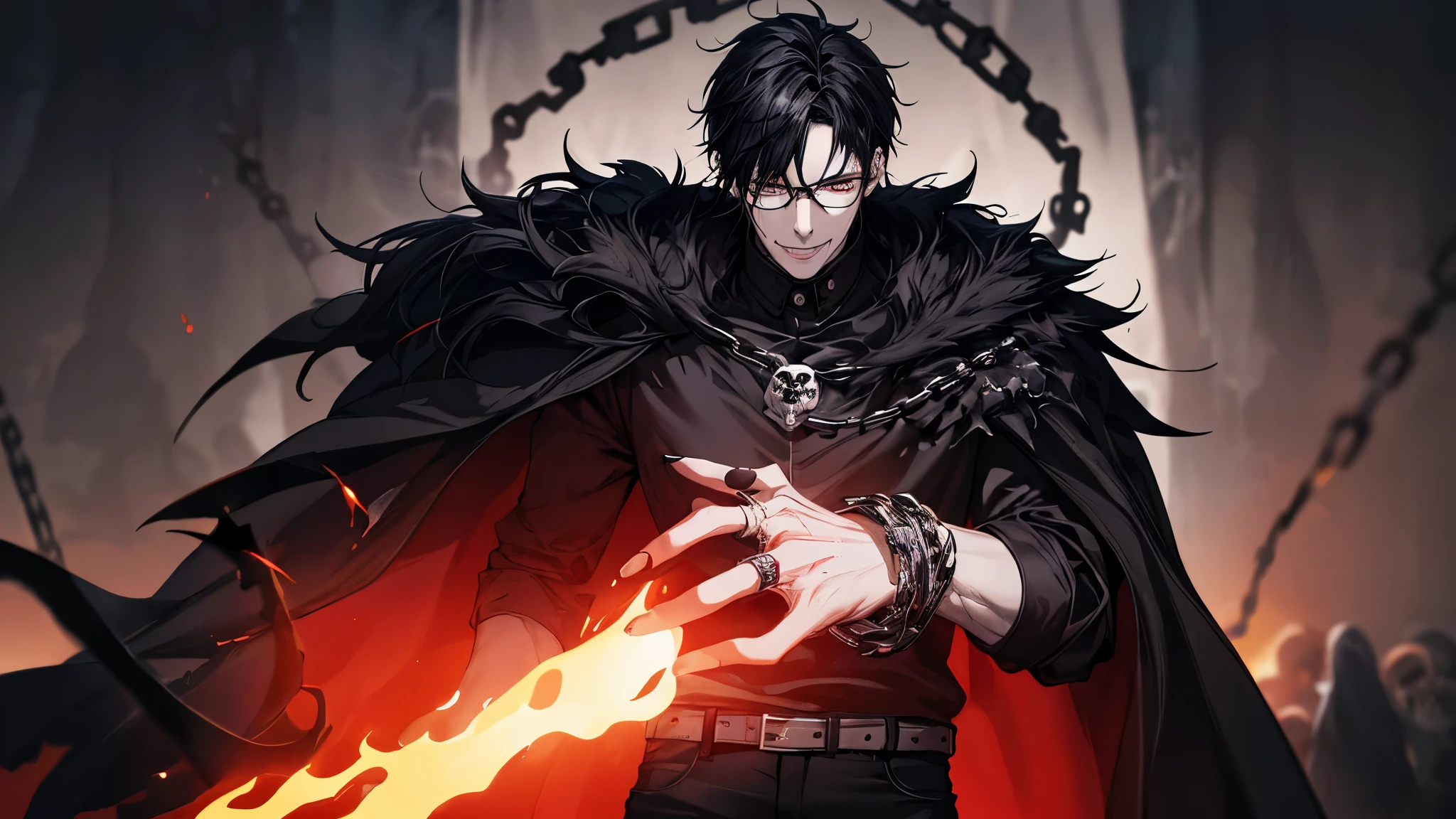 1 guy, black jeans, in a black cloak, press, Thin, pale, rings on fingers, black nails, Glasses, black hair, sporty, Glass eyes, cinematic lighting, Blur background, Best quality, Brown eyes, Laugh, In Hell, Darkness, People are on fire, Dead, chains, Blood, lava, skulls, Darkness,