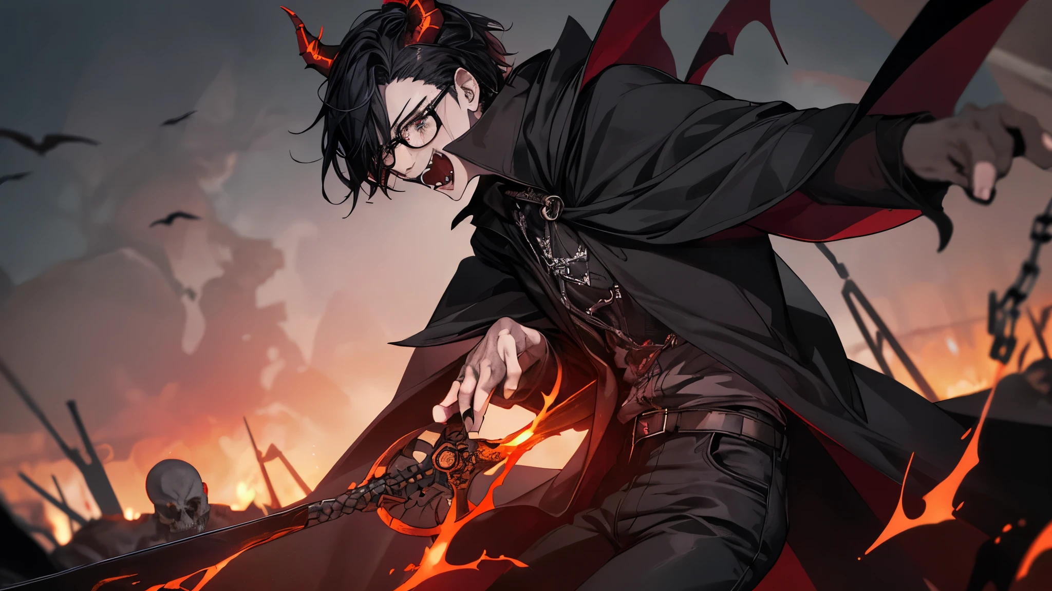 1 guy, black jeans, in a black cloak, press, Thin, pale, rings on fingers, black nails, Glasses, black hair, sporty, Glass eyes, cinematic lighting, Blur background, Best quality, Brown eyes, Laugh, In Hell, Darkness, People are on fire, Dead, chains, Blood, lava, skulls, Darkness, horns, devil, daemon, horror, anger, screams, axe,