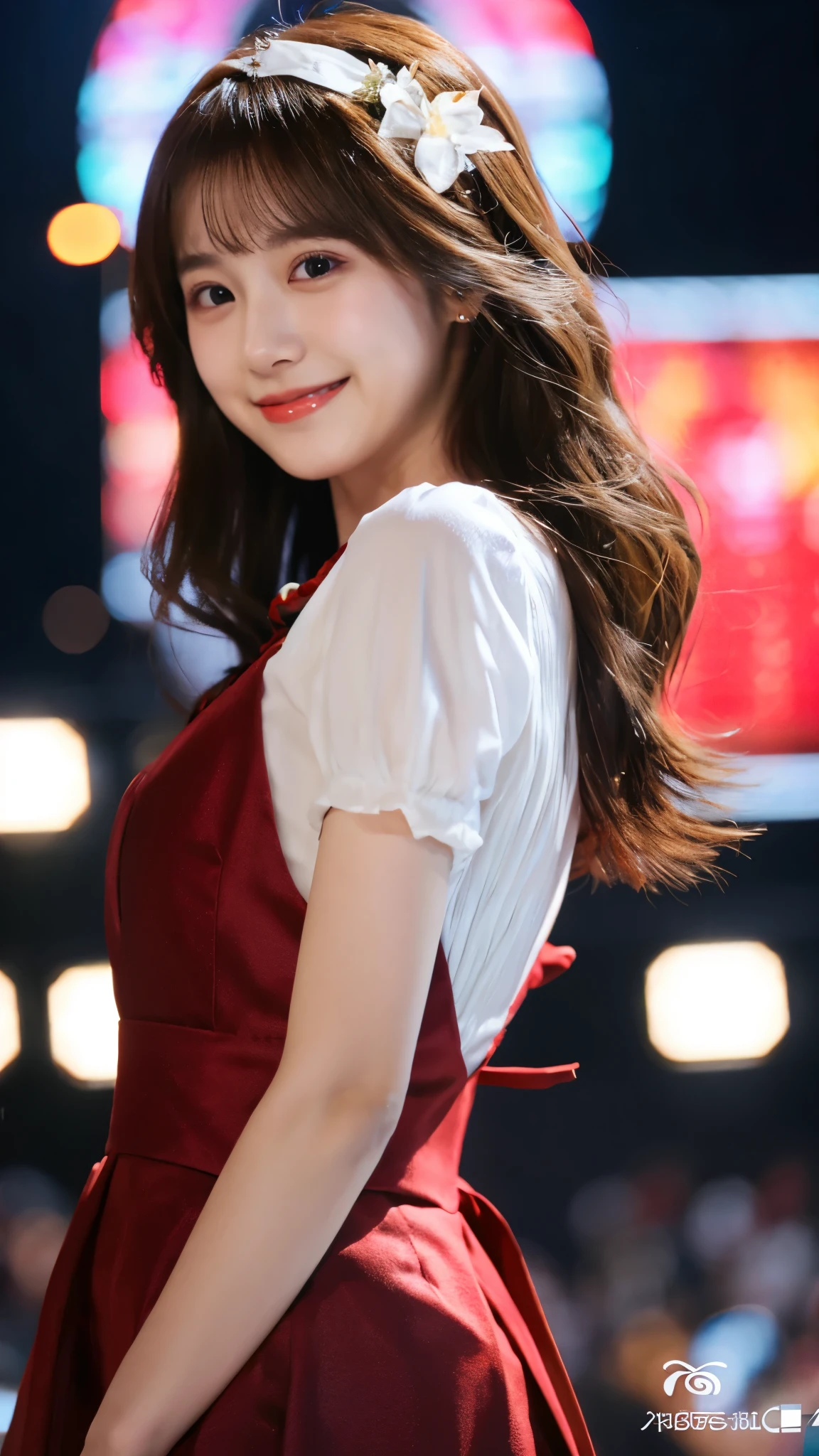best quality ,masterpiece,ultra high res, very beautiful, kawaii, (photo realistic:1.4), 1girl, Japanese, brown hair, Cinematic, 35mm lens, f/ 1. 8, accent lighting, 8k, idol, on the stage,  gorgeous staging, slender, smile, dazzling lights, 