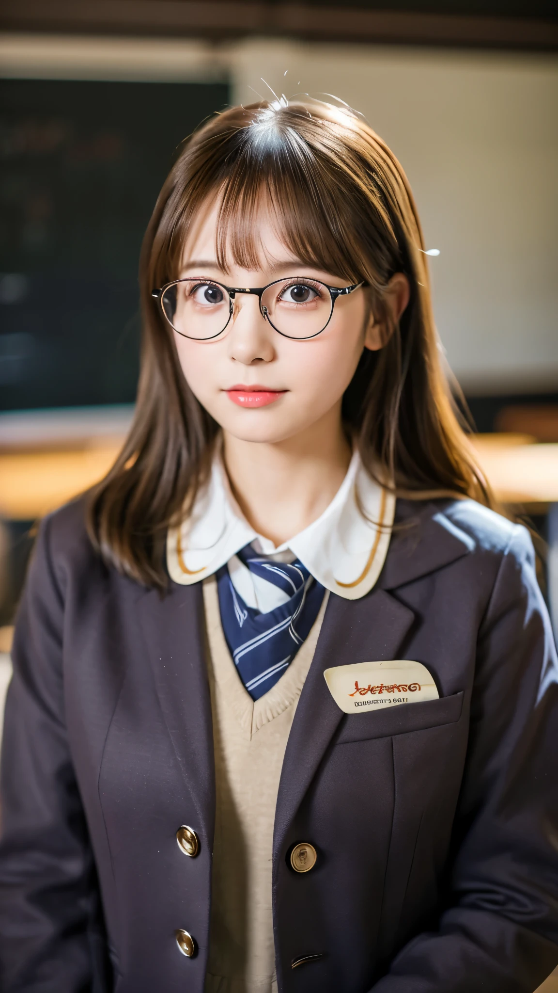 best quality ,masterpiece,ultra high res, very beautiful, kawaii, (photo realistic:1.4), 1girl, Japanese, brown hair, Cinematic, 35mm lens, f/ 1. 8, accent lighting, 8k, school teacher outfit, Classroom, glasses, blackboard