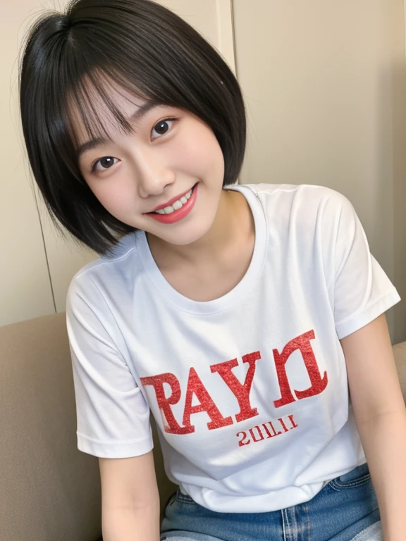 top-quality,masterpiece,Raw photography,8K,Top image quality,hight resolution, 18 years old Japanese female idol ,Pretty ,aegyo sal ,seductive smile ,Realistic human skin, Short hair, mannish, skinny body ,Sweat, big size, t-shirts