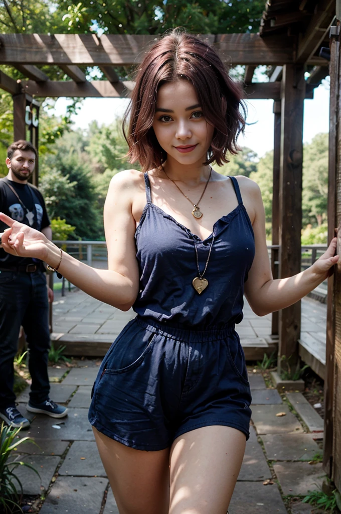 Mature woman, beautiful woman, looking at the viewer, maroon hair, short hair, dark blue romper, chubby, arms open for a hug, forest, heart-shaped locket, sunny, wedding ring, joyful, kukri in her hand.