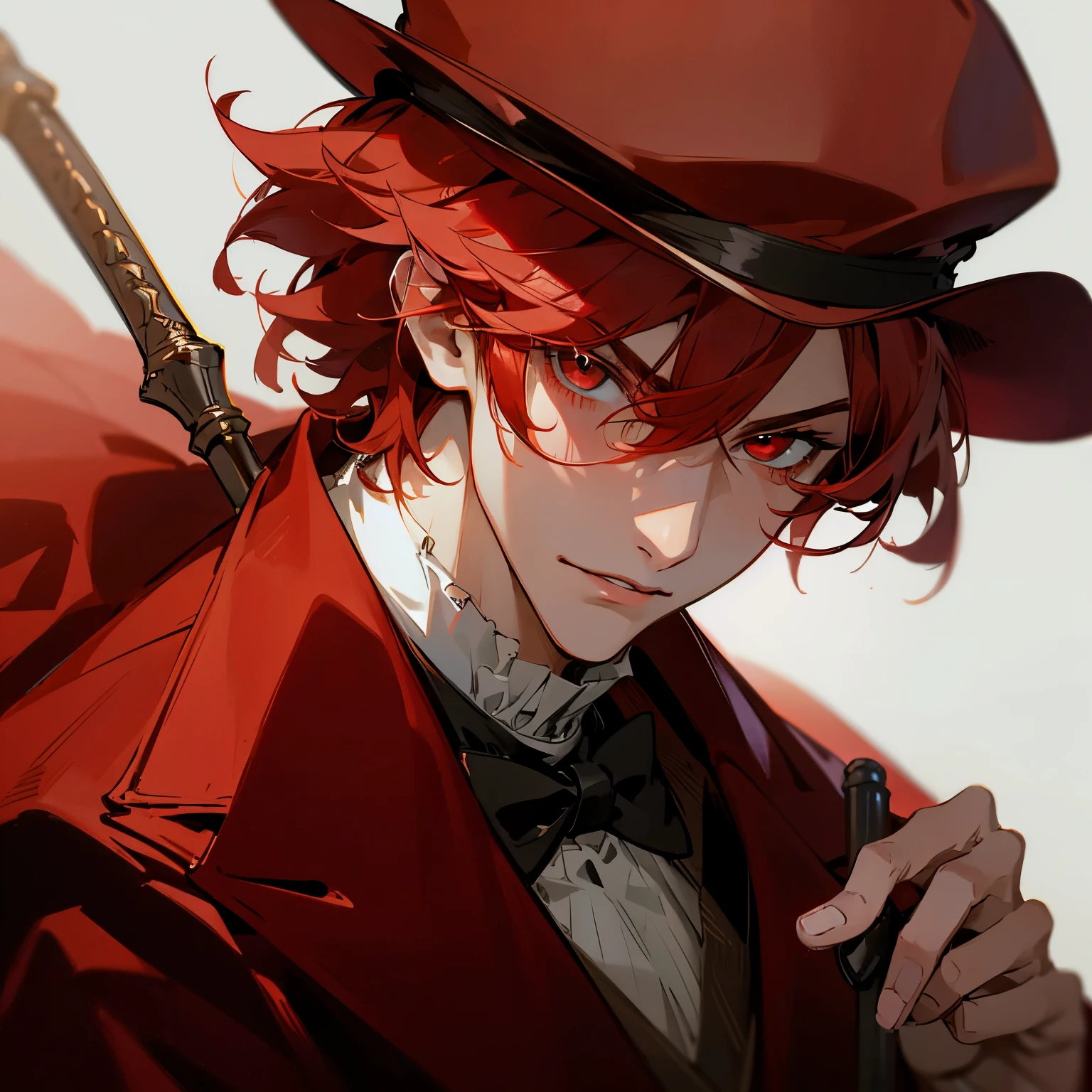 1boy, detailed face, detailed eyes, red hair, medium hair, red eyes, muscular male, red coat, hat, holding cane, victorian clothes, simple background