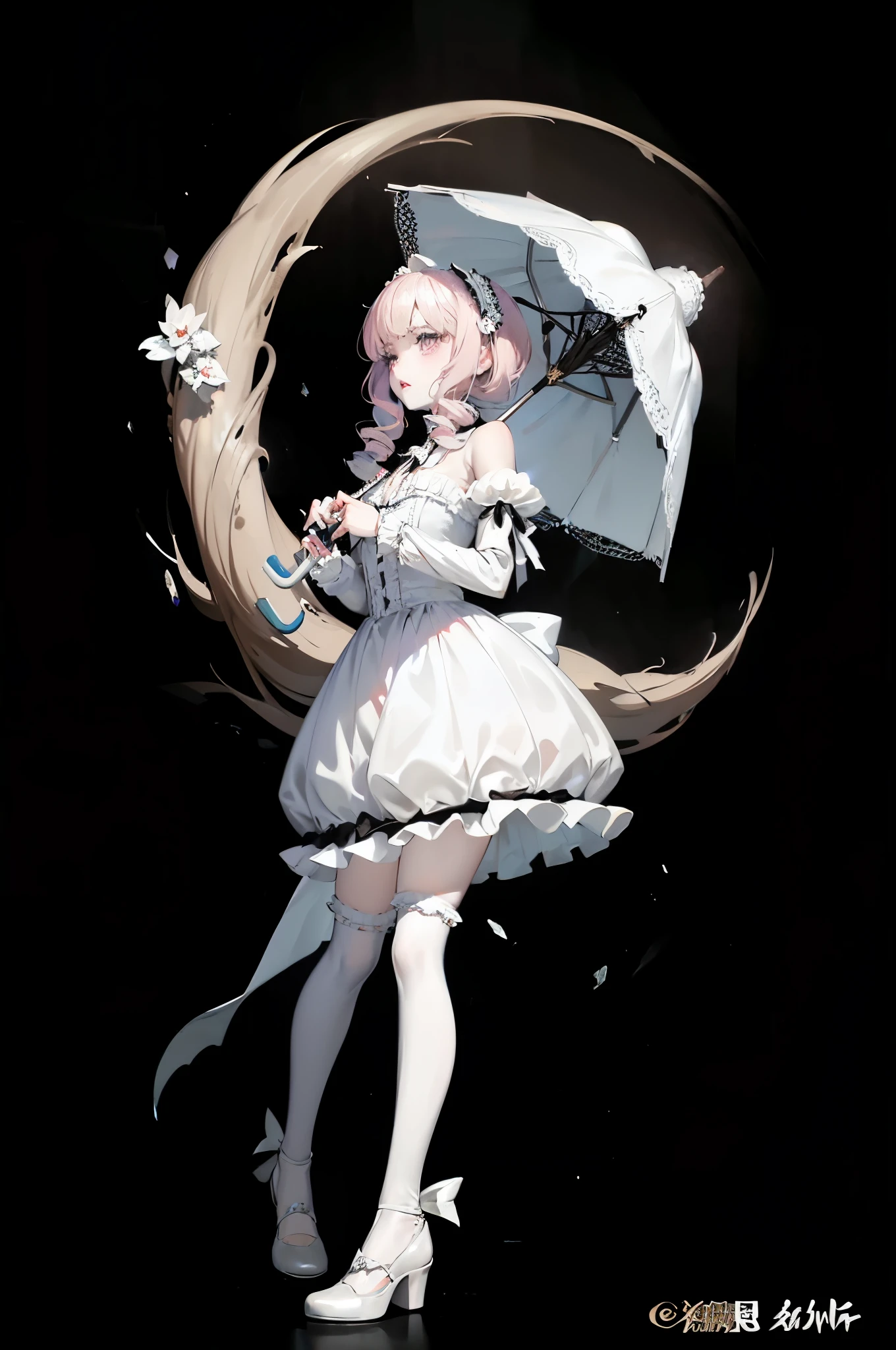 wearing a dress、Araf woman holding an umbrella, Pale young ghost girl, fairy tale core, fair skin, magical girl style, lolita fashion, victorian gothic lolita fashion, lolita style, ball jointed doll, Moon themed clothing, porcelain white skin, Light milky white porcelain skin, Stunning young and ethereal figure, Portrait of a magical Lolita girl