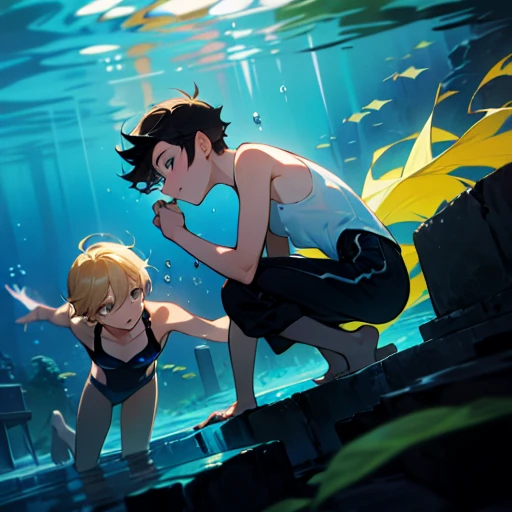 2 boys, (like a dream, a vibrant one), (detailed, Be expressive, aesthetic), Two people are underwater, active posing, swimming, Swimsuit, boys are , blond hair boy and black hair boy, friends, dark underwater, at night, clear eyes