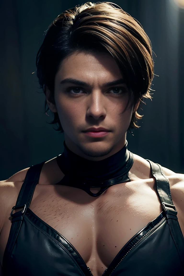 Muscular dude，8K Ultra HD resolution，rough real skin，Full chest muscles，short hair，Blue eyes，Sexy and charming expression，Gloomy eyes，professional lighting，Professional photography，