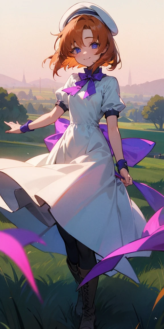 1 girl,beautiful scenery,(masterpiece、highest quality),short hair,orange hair,Blue wristband,purple ribbon,tights,boots,short sleeve,happiness,countryside,White dress、white beret,blue eyes,