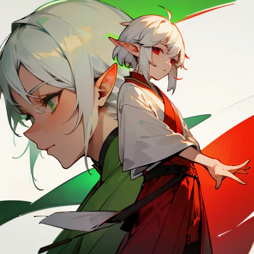 White haired male elf with green on the right and red on the left eyes wearing Japanese tradional clothes