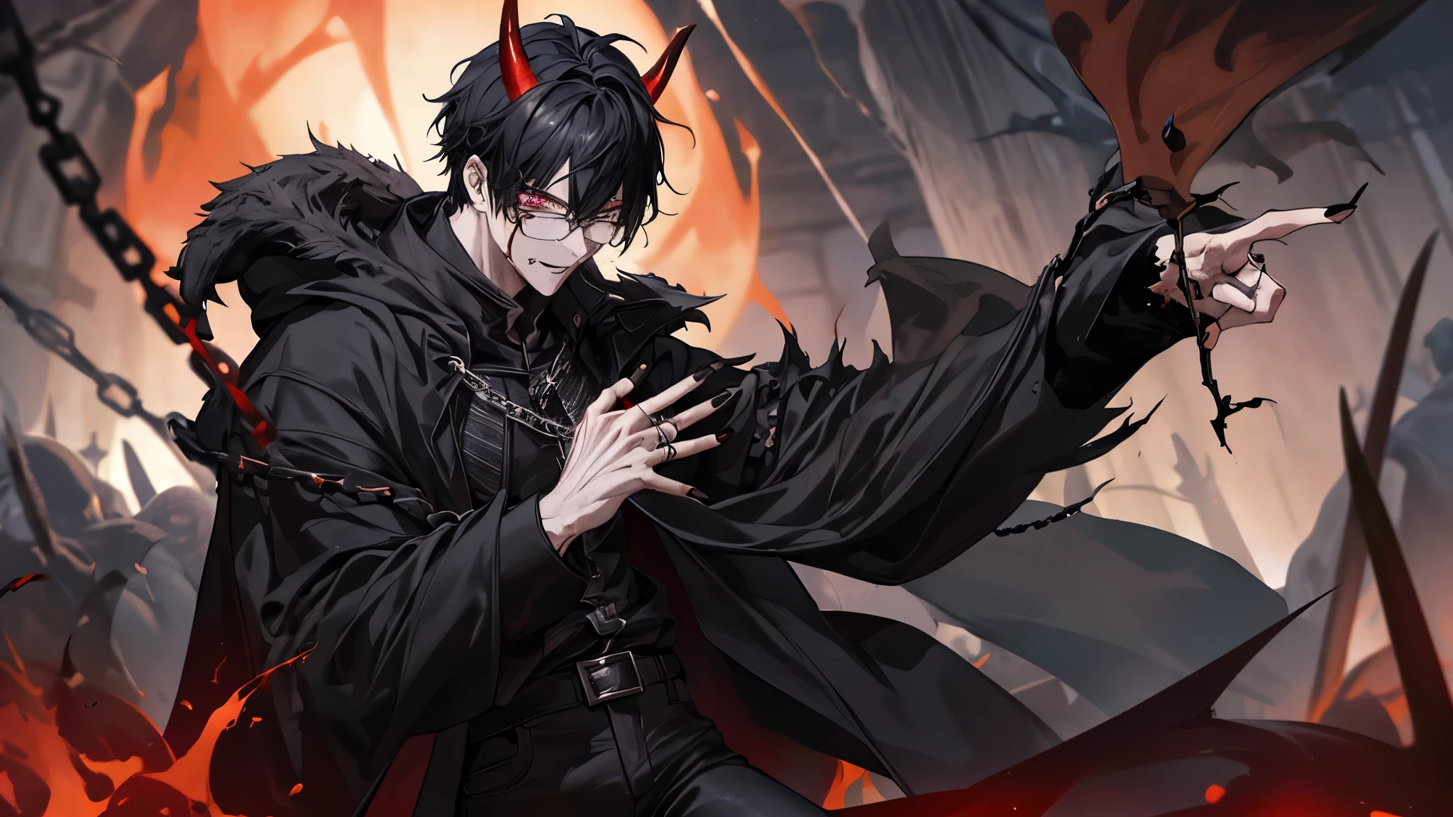 1 guy, black jeans, in a black cloak, press, Thin, pale, rings on fingers, black nails, Glasses, black hair, sporty, Glass eyes, cinematic lighting, Blur background, Best quality, Brown eyes, Laugh, In Hell, Darkness, People are on fire, Dead, chains, Blood, lava, skulls, Darkness, horns, devil, daemon, horror, anger, screams, axe,