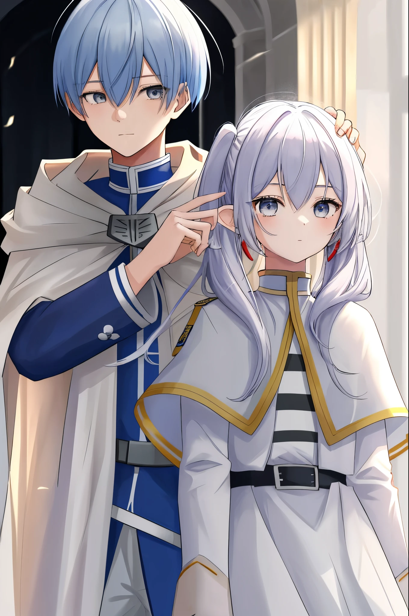 masterpiece, highest quality, High resolution, 1 girl freelen, White Capelet Striped Shirt Dress, 1 Boy Himmel, Put your hand on someone else&#39;s head using your uniform as a cloak