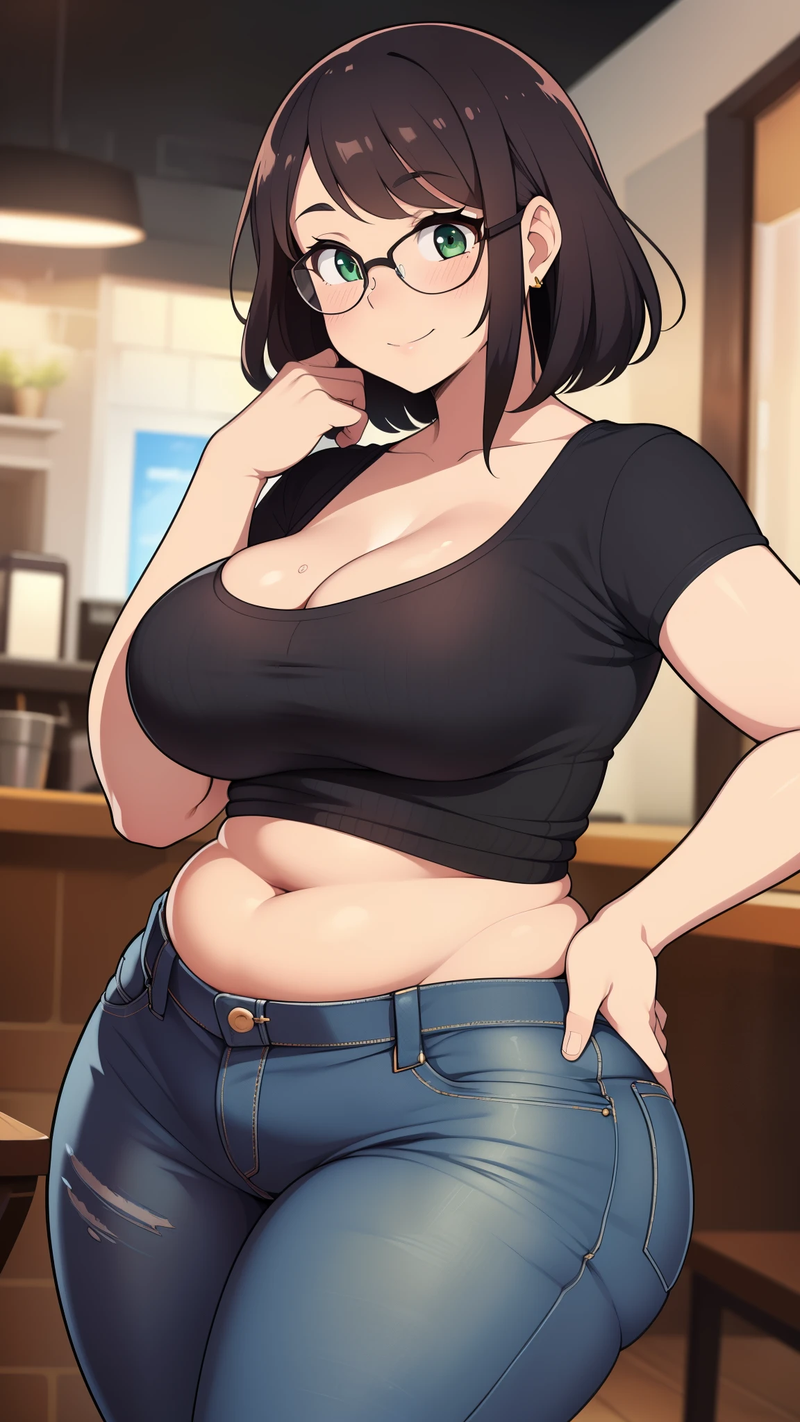 ((high res)), (Masterpiece), perfect anatomy, perfect shading, field of depth, (best quality), extremely delicate and beautiful, perfect lighting, detailed face, ultra cute face, cute, (cowboy shot 1.2), looking at viewer, full body, ((1girl)), ((solo)),
has short hair, fluffy hair, brown hair, green eyes, glasses, ((blush)), affectionate smile, (white crop top 1.2), (jeans 1.2), extremely tight clothes, medium breasts, cleavage, perky breasts, (((wide hips))), ((thick thighs)), (chubby), chubby belly, fat rolls, belly hang,
coffee shop, intricate background, detailed background, standing, hand on hip,